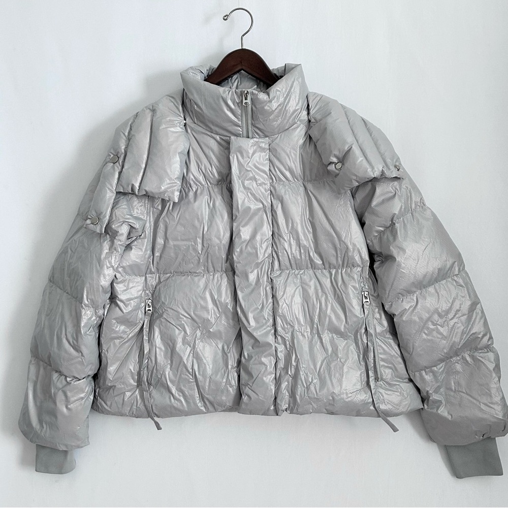 S.DEER Women High Neck Collar Bright Surface Short Puffer Goose Down Jacket Sz L